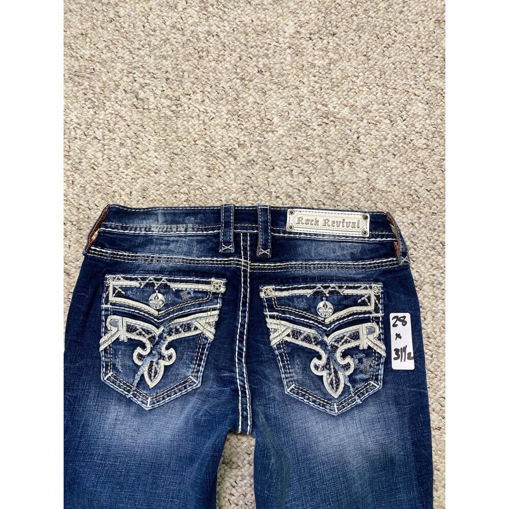 Rock Revival Low R Ash Rose Straight Dark Wash Embellished Cowgirl Y2k Jeans 28